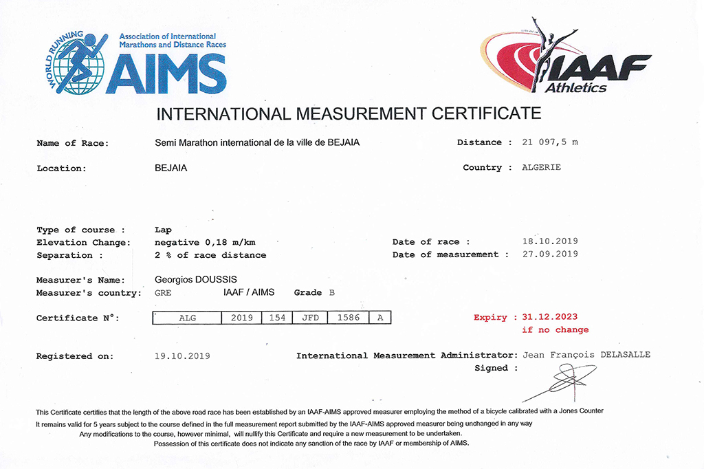 Certificat parcours SMIB par AIMS et IAAF Athletics